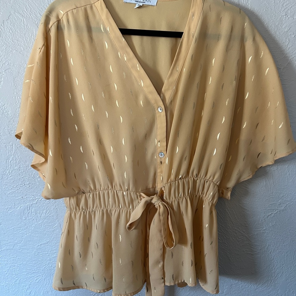 Sweet Rain Gold Button-Down Blouse with Tie Waist